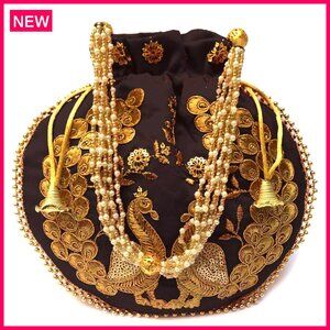 Velvet Embroidered Potli Bag Drawstring Clutch Wedding Gift Purse